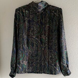 Vtg Nicola Women’s‎ 12 Paisley Blouse Long Sleeve Button Down Back High Neck